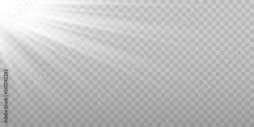 Shining sun glare rays, lens flare vector illustration. Sunlight glowing png effect. White beam sunrays sky background