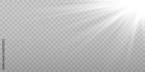 Shining sun glare rays, lens flare vector illustration. Sunlight glowing png effect. White beam sunrays sky background