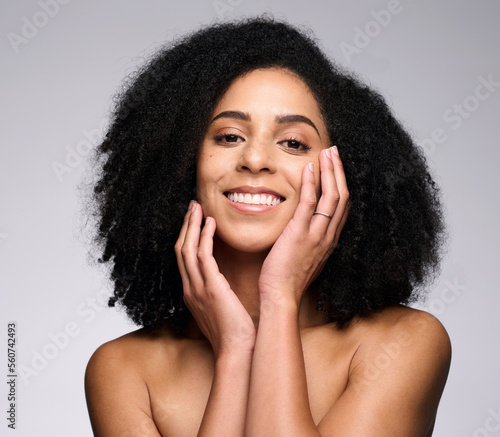 Beauty, skincare and product with portrait of black woman for facial, self care and luxury cosmetics. Spa, hair care and makeup with face of girl model for treatment, natural and wellness in studio