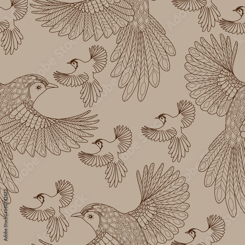 Seamless patterns. Beautiful flying birds. Textile background. Line graphics.