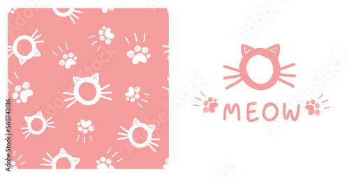 Seamless pattern with cat cartoons and paw prints on pink background. Cat face with hand drawn fonts on white background vector illustration.