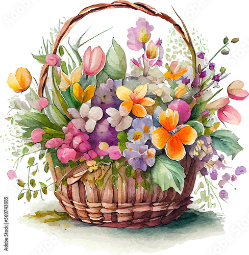 Fototapeta Naklejka Na Ścianę i Meble -  Cute watercolor basket with spring flowers Illustration Generative AI