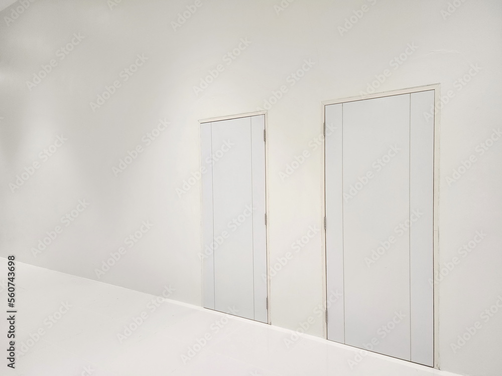 White walls and 2 white closed doors next to each other. Bright walls, simple interior with empty space. A wooden door without knobs or handles against a white wall with a bright light above it.

