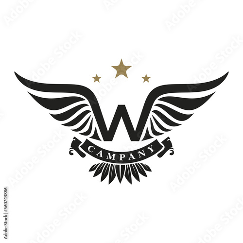 W Letter with Wings and Stars vintage retro monogram design inspiration, Vector Design Symbol, template
