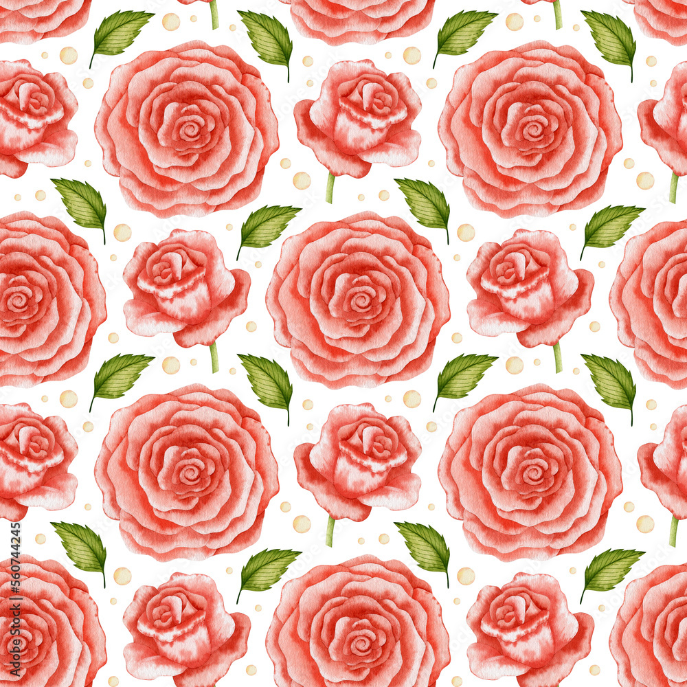 Watercolor seamless pattern of red rose flowers on a white background. Watercolor seamless pattern of red rose flowers on a white background.