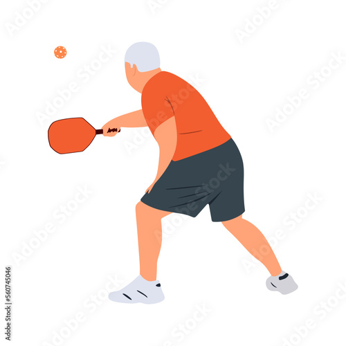 A man playing pickleball. Elderly people lead an active lifestyle. Old man goes in for sports plays pickleball. isolated flat illustration