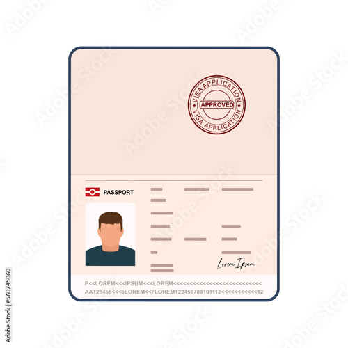 Open passport vector. passport with stamped visa approved. Minimal design isolated on white background. vector illustration 