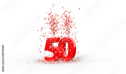 Fotografie nombre 50 rouge avec confettis rouges et blancs - cinquantième anniversaire - fo