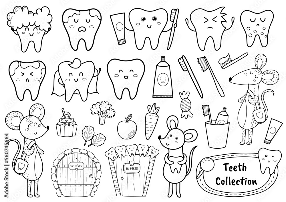 Black and white teeth collection with cute characters. Line art dentist