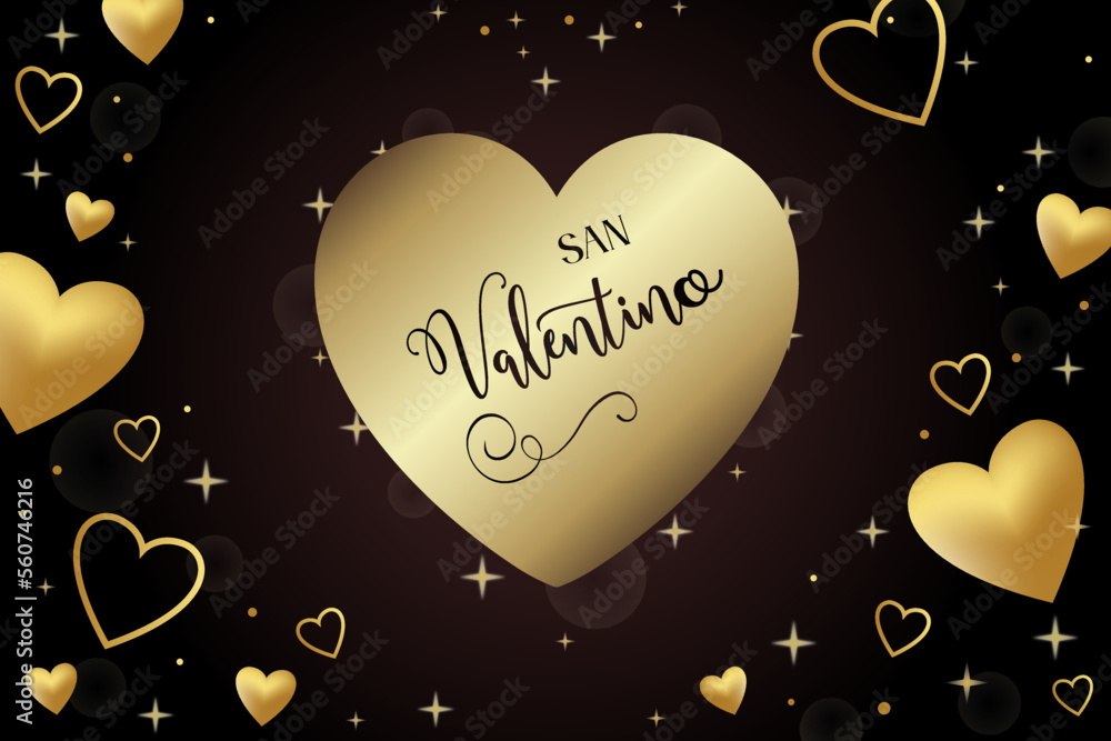 biglietto o striscione per augurare un buon San Valentino in nero con cuore color oro su sfondo nero con cuori e stelle color oro