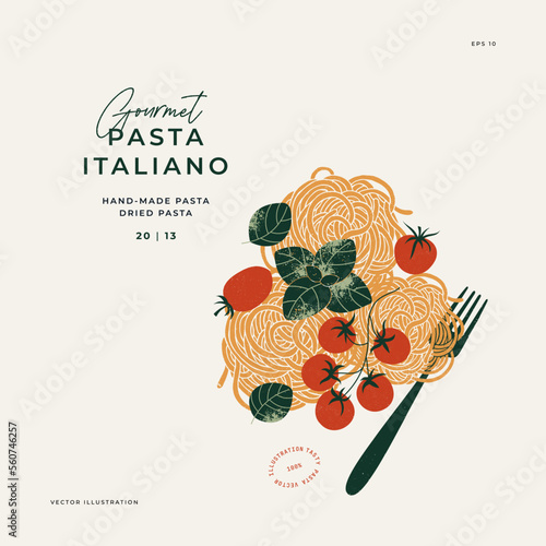 Pasta with basil and tomatoes. Textured illustration. Italian food. Vector illustration