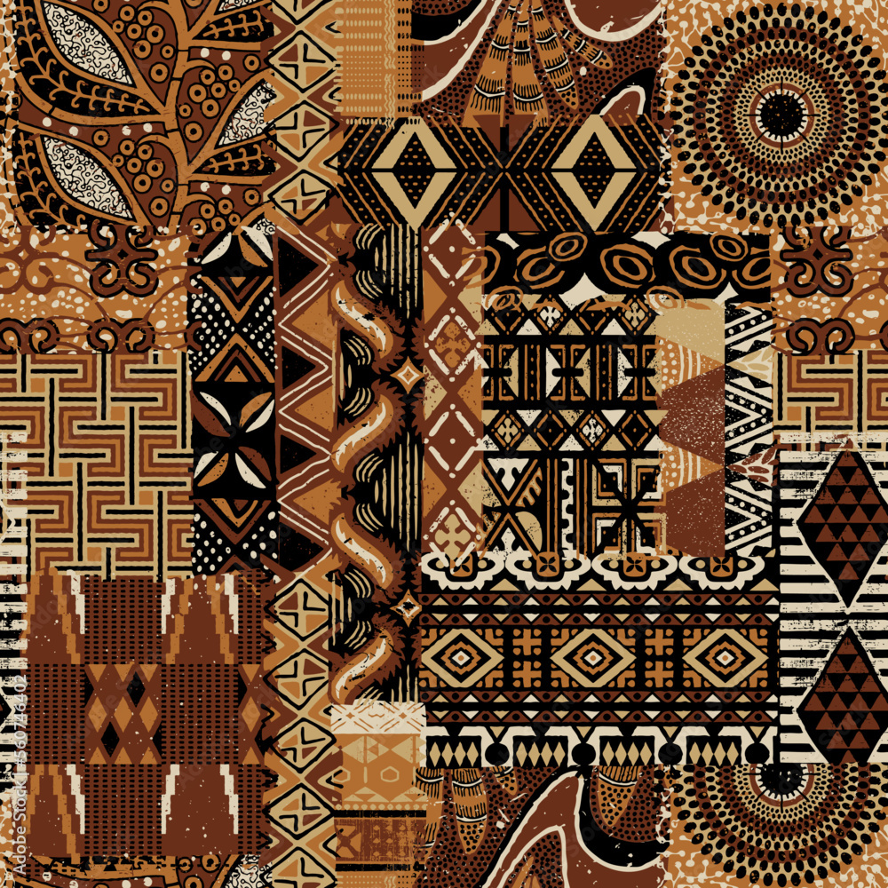Traditional African fabric patchwork wallpaper vintage abstract vector seamless pattern - obrazy, fototapety, plakaty 