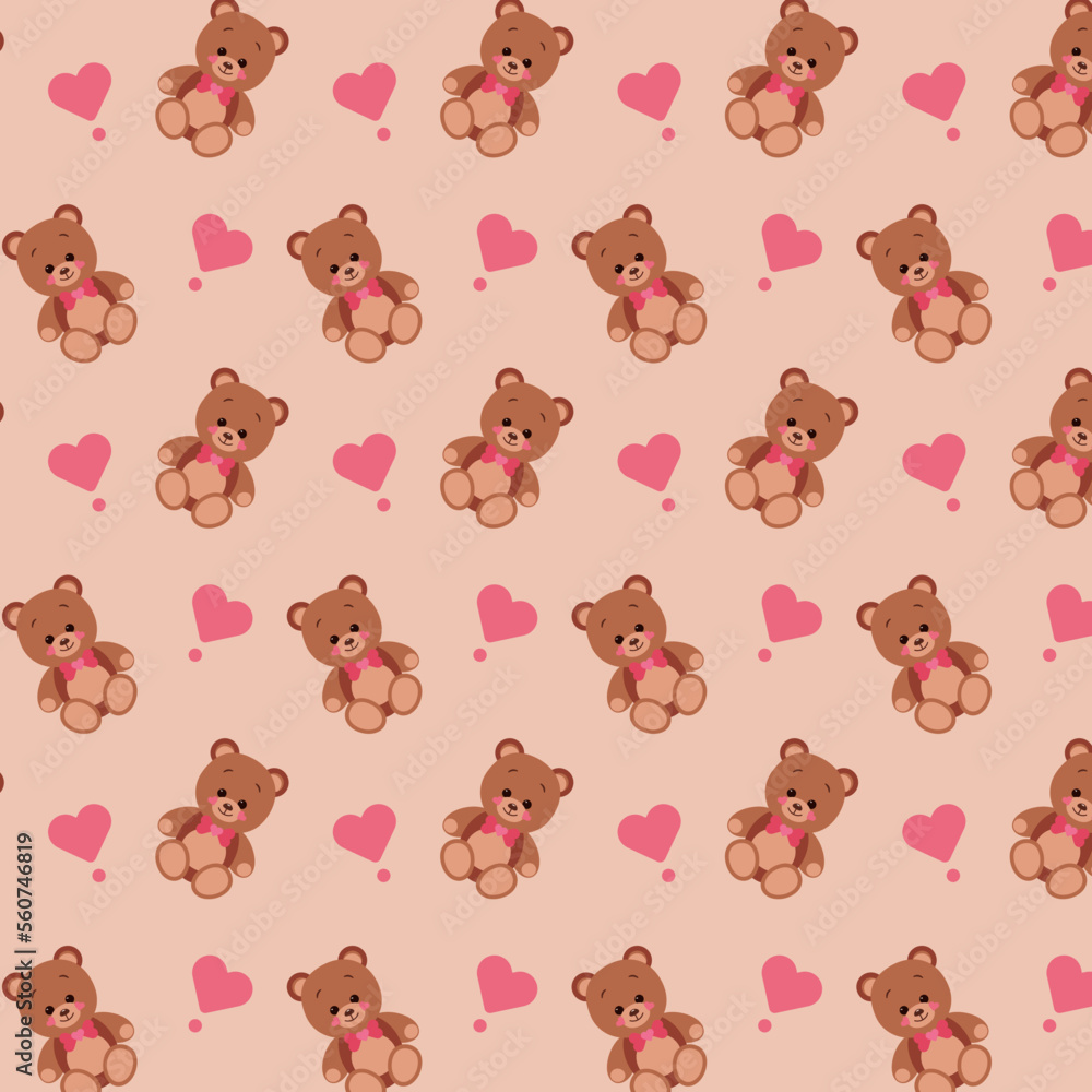 Cute little teddy bear toy, with a heart and a gift box, a seamless pattern. Vector illustration Cute little teddy bear toy, with a heart and a gift box, a seamless pattern. Vector illustration