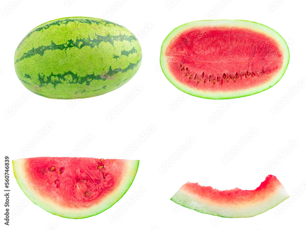 set of fresh watermelon from whole, slice, and eaten isolated on white background set of fresh watermelon from whole, slice, and eaten isolated on white background