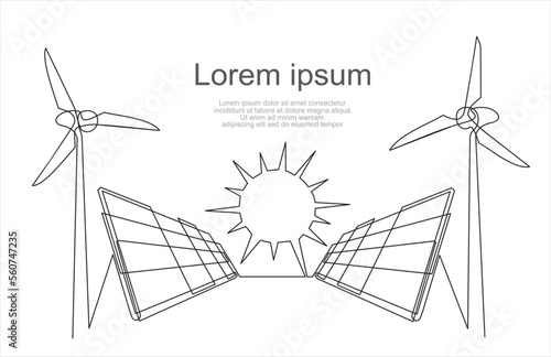 One continuous line drawing of Wind turbines and Solar Panels . Alternative energy sources (wind, sun), hand drawn sketch.
