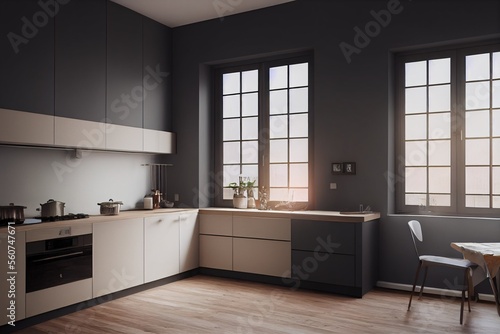 Luxury Modern Kitchen Interior Gray Large Grid Windows Made with Generative AI