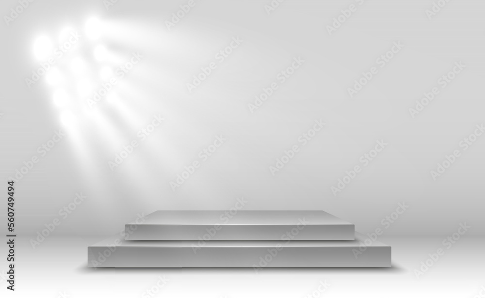 Podium, pedestal or platform, illuminated by spotlights in the background. Vector illustration. Bright light. Light from above. Advertising place
Podium, pedestal or platform, illuminated by spotlights in the background. Vector illustration. Bright light. Light from above. Advertising place