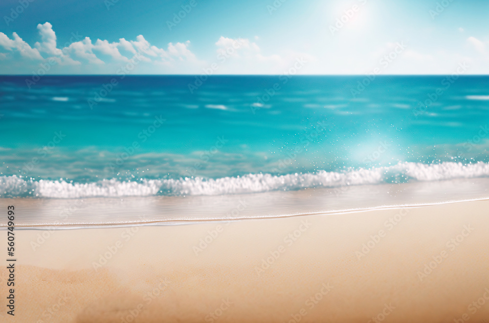 Natural blurred defocused background for concept summer vacation. Nature of tropical summer beach with rays of sunlight. Light sand beach, ocean water sparkles against blue sky. Generative ai
