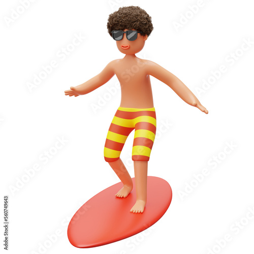 man playing surfing 3d rendering illustration character
