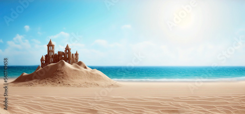 Holiday concept with sandcastle on the seaside, generative ai illustration photo