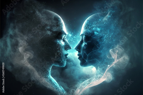 Abstract image of two space universe soulmates connecting to each other, Fictional person, Generative AI 
