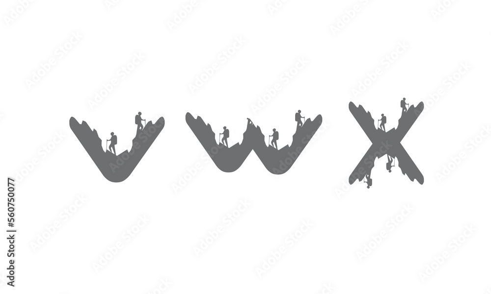 a,b,c,d,e,f,g,h,i,j,k,l,m,n,o,p,q,r,s,t,u,v,w,x,y,z, logo, hiker, trekking, vector, adventure, icon, outdoor, man, mountain, travel, silhouette, climber, typography, sport, text, active, graphic, back - obrazy, fototapety, plakaty 