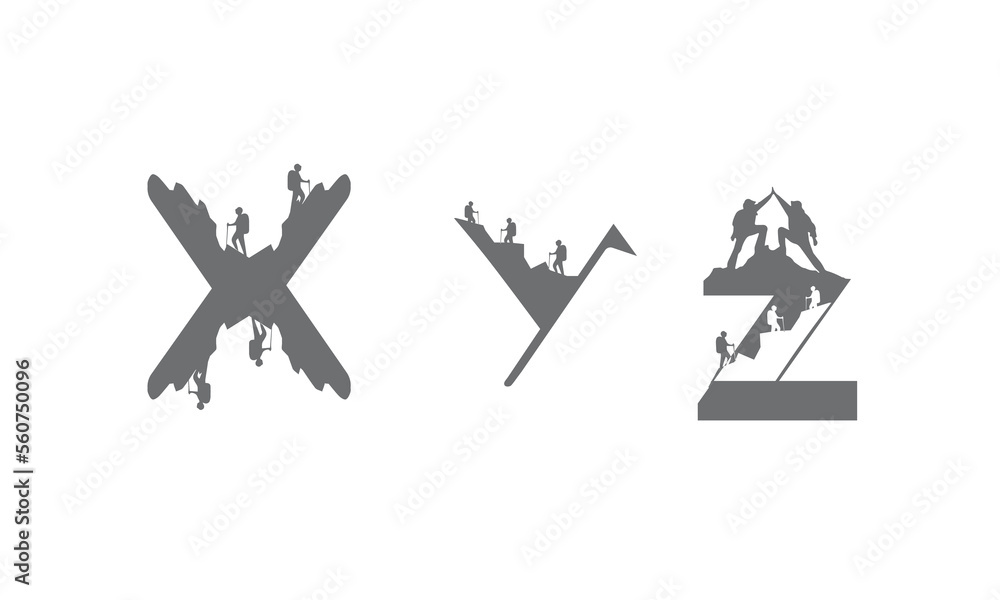 a,b,c,d,e,f,g,h,i,j,k,l,m,n,o,p,q,r,s,t,u,v,w,x,y,z, logo, hiker, trekking, vector, adventure, icon, outdoor, man, mountain, travel, silhouette, climber, typography, sport, text, active, graphic, back - obrazy, fototapety, plakaty 