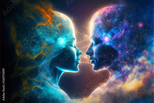 Abstract image of two space universe soulmates connecting to each other, Fictional person, Generative AI 