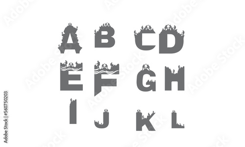 a,b,c,d,e,f,g,h,i,j,k,l,m,n,o,p,q,r,s,t,u,v,w,x,y,z, logo, hiker, trekking, vector, adventure, icon, outdoor, man, mountain, travel, silhouette, climber, typography, sport, text, active, graphic, back
