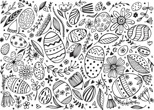 Easter doodle set flowers and eggs isolated on a white background. Easter eggs with botanical elements. Funny Happy Easter pattern. Spring holiday. Vector Illustration.