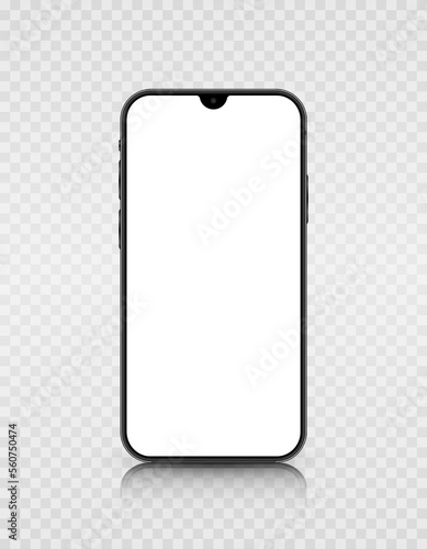 A smartphone model with a white screen and a camera. Realistic 3D mobile phone with shadow on transparent background. Front view of the device. Vector illustration.