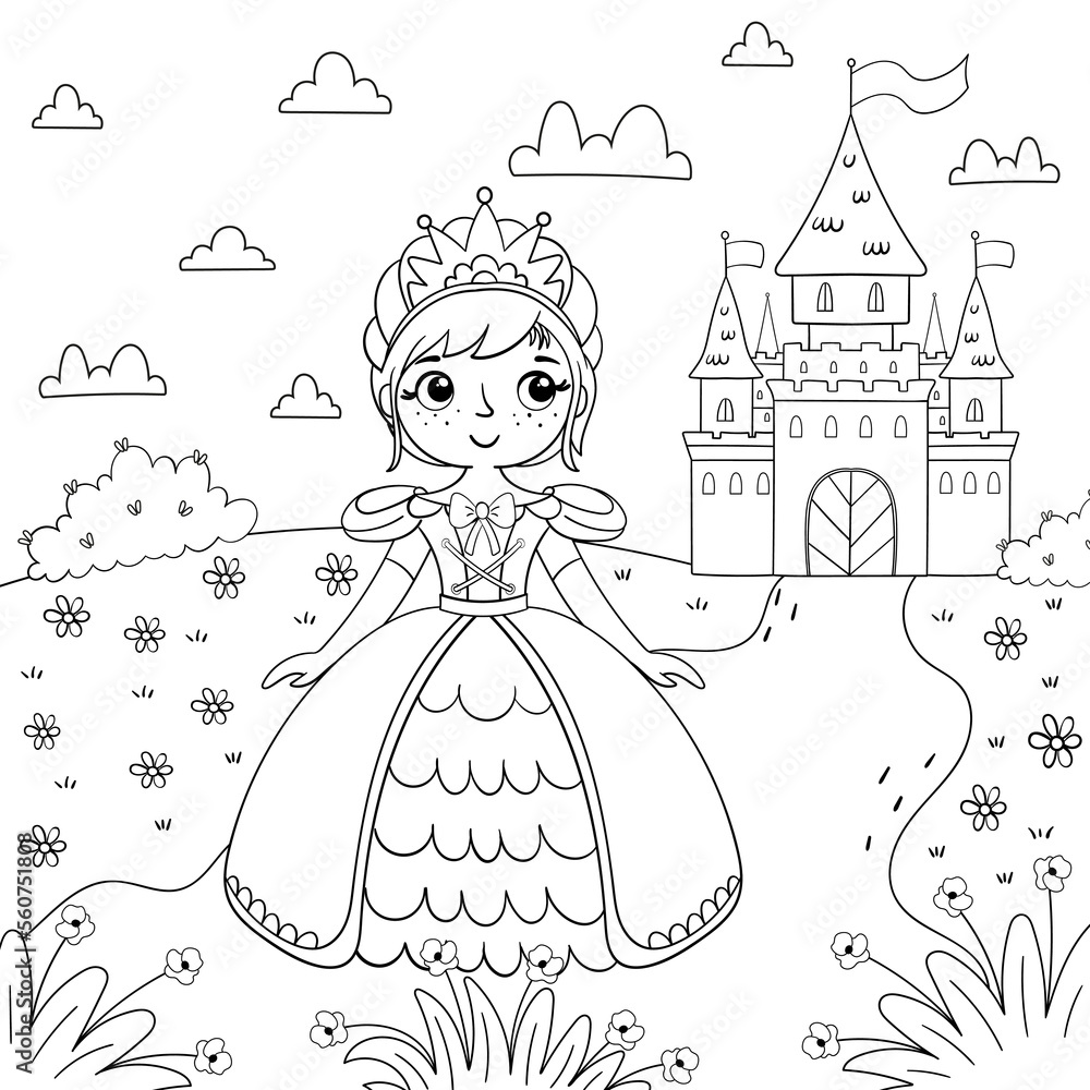 page-of-coloring-book-with-a-girl-and-a-princess-on-a-background-of-a