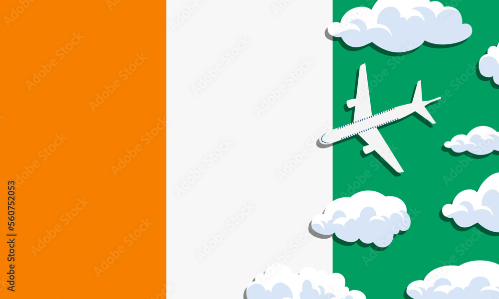 Ivory Coast travel concept. Airplane with clouds on the background of the flag of Ivory Coast. Vector illustration