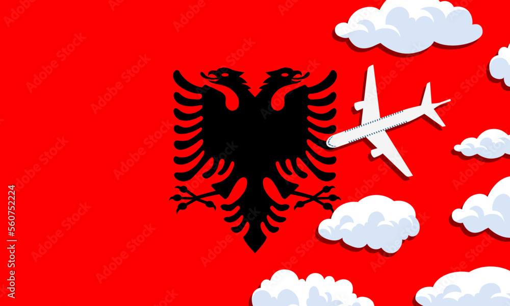 Obraz premium Albania travel concept. Airplane with clouds on the background of the flag of Albania. Vector illustration