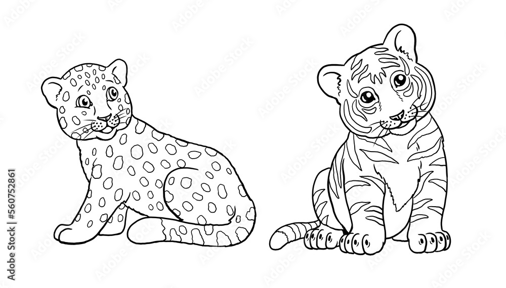 Cute leopard and tiger babies to color in. Template for a coloring book ...