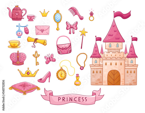 Big set of a beautiful castle and design elements. Accessories for a doll in a cartoon style. Vector illustration.