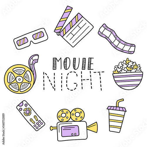 Movie night items. Set of abstract isolated design elements about cinema. Hand drawn vector illustrations. Cartoon, doodle.