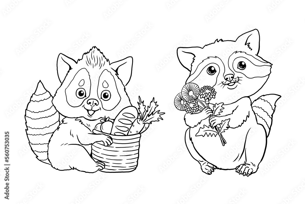 Cute racoon to color in. Template for a coloring book with funny