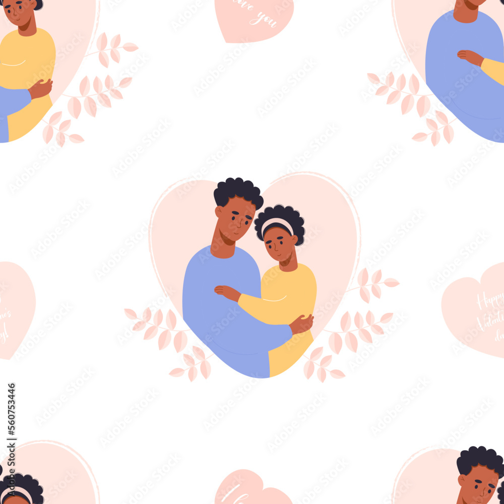 Seamless pattern with cute ethnicity couple in love. Happy black people hugging on white background with heart. Vector illustration. Romantic endless background, valentine packaging Seamless pattern with cute ethnicity couple in love. Happy black people hugging on white background with heart. Vector illustration. Romantic endless background, valentine packaging