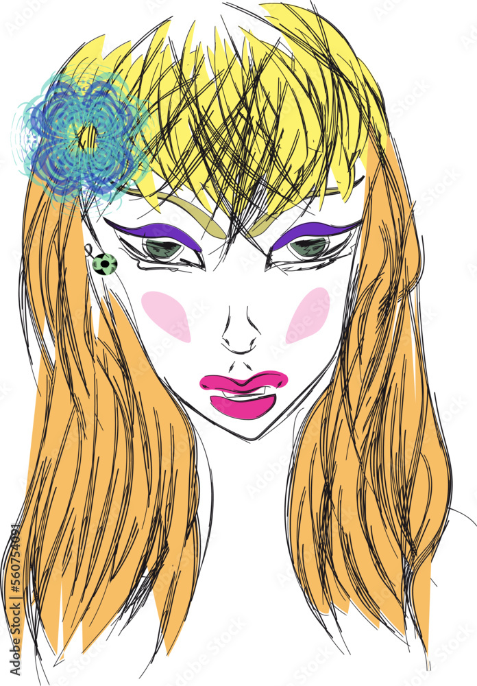 Blonde girl with a blue flower in her hair, trendy purple eye arrows, bold makeup Blonde girl with a blue flower in her hair, trendy purple eye arrows, bold makeup