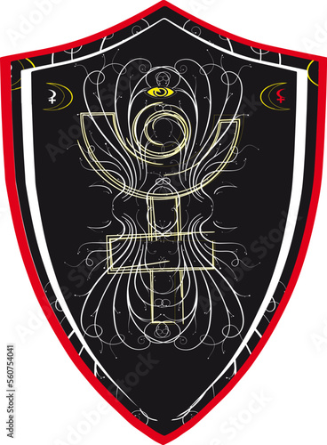 Pluto, Selena, Lilith astrological symbols. All-seeing eye. Coat of arms, emblem, shield, tattoo design