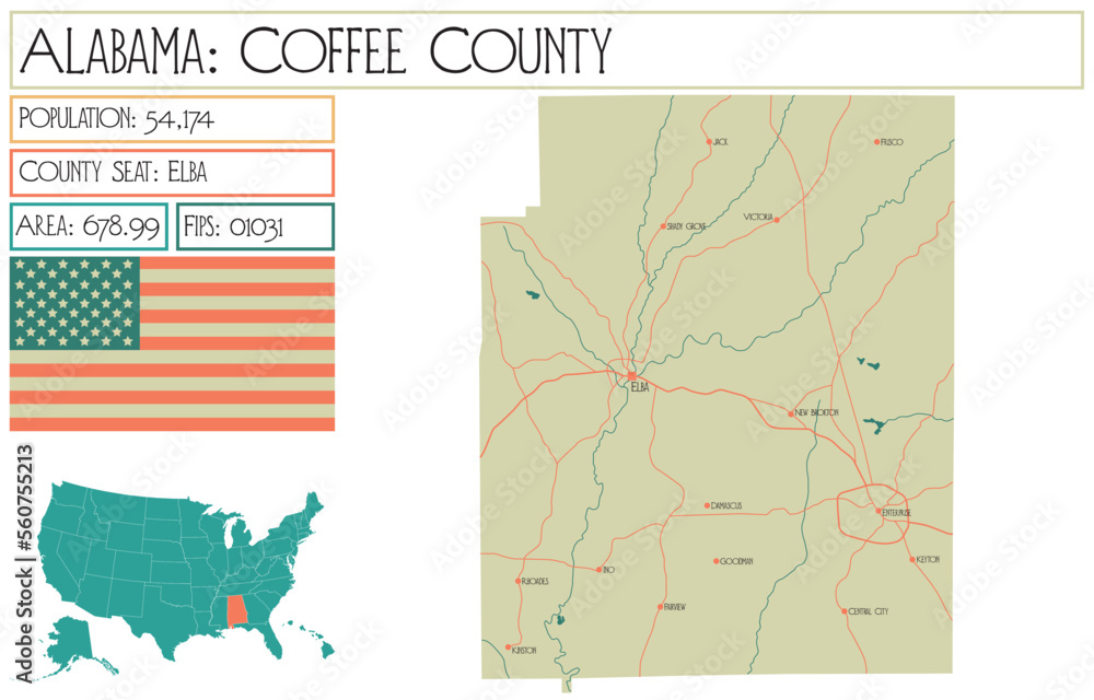 Large and detailed map of Coffee county in Alabama, USA.