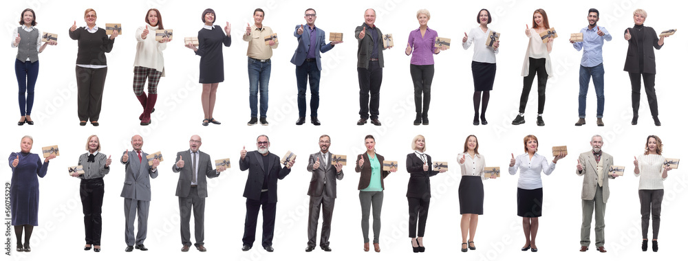 group of happy people with gifts in their hands isolated group of happy people with gifts in their hands isolated