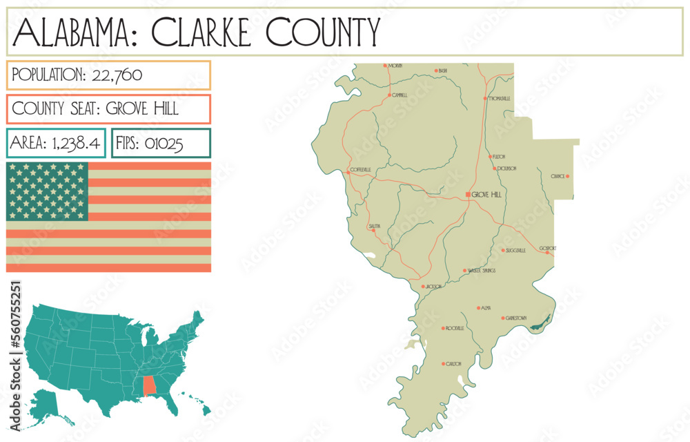 Large and detailed map of Clarke county in Alabama, USA.