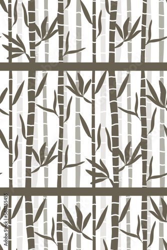 Bamboo tree and leaves on white background. Seamless pattern of brown bamboo plants. Vector illustration.