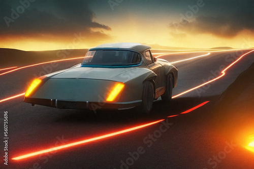 The car is driving along the road  mountains  neon color  dark background.