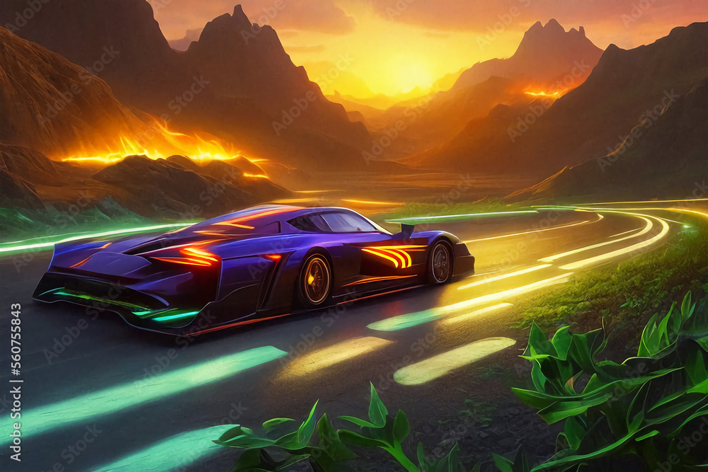 The car is driving along the road, mountains, neon color, dark background.