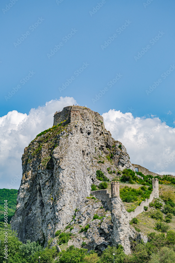 View of the ruins of Devin Castle, Devin, Slovakia, from a Danube River cruise ship. on May 10, 2022