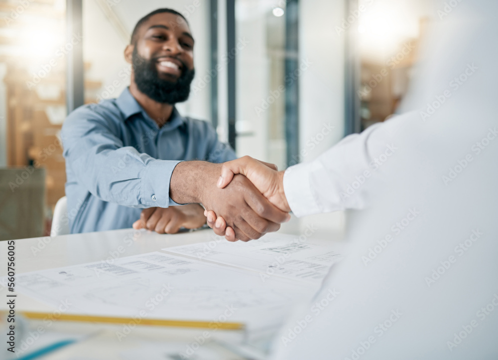 Black man, handshake and architecture with architect hiring, job interview and onboarding, office and blueprint plan. Human resources, recruitment and partnership with deal, contract and thank you - obrazy, fototapety, plakaty 