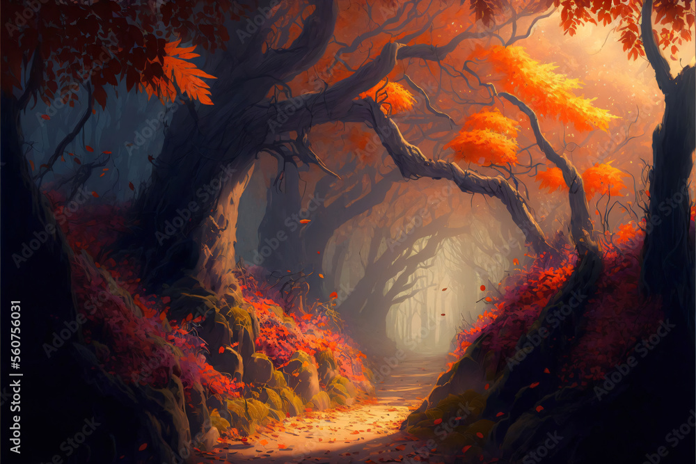 Fantasy Forest in Autumn with Falling leaves Concept Art